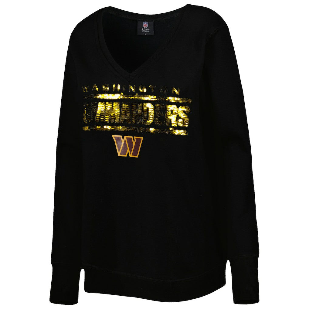 Washington Commanders Cuce Women's Sequin Logo V-Neck Pullover Sweatshirt - Black Pullover