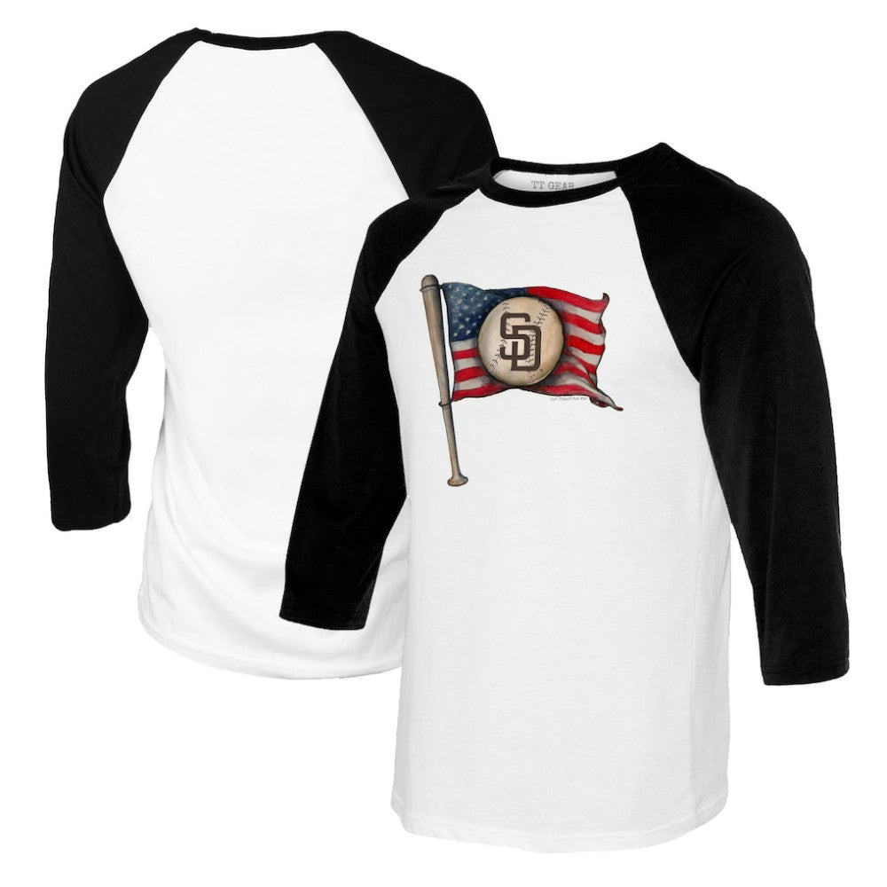 San Diego Padres Tiny Turnip Women's Baseball Flag Raglan 3/4 Sleeve T-Shirt - White/Black T-shirts