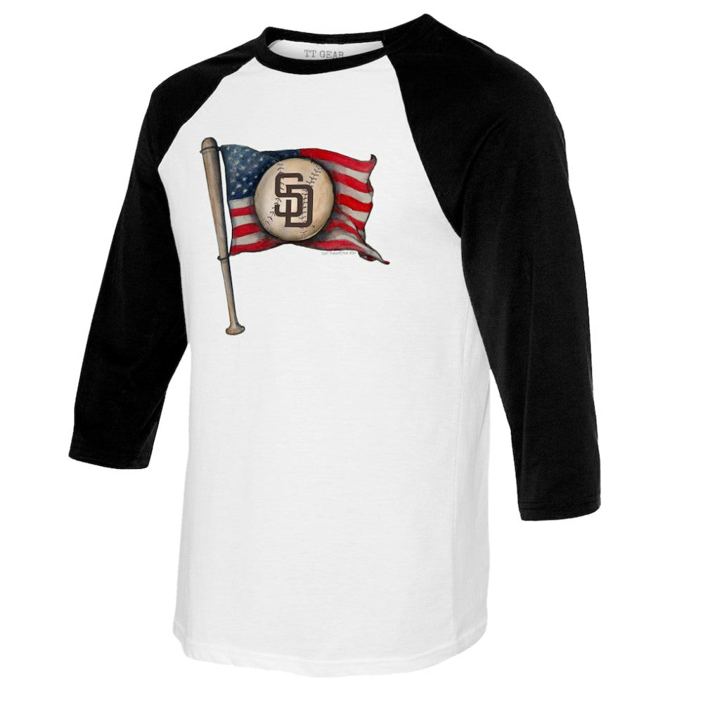 San Diego Padres Tiny Turnip Women's Baseball Flag Raglan 3/4 Sleeve T-Shirt - White/Black T-shirts