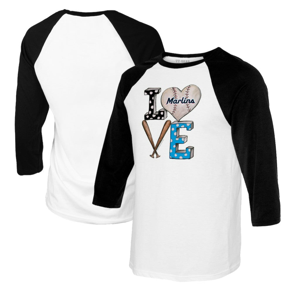 Miami Marlins Tiny Turnip Women's Baseball Love Raglan 3/4-Sleeve T-Shirt - White/Black T-shirts