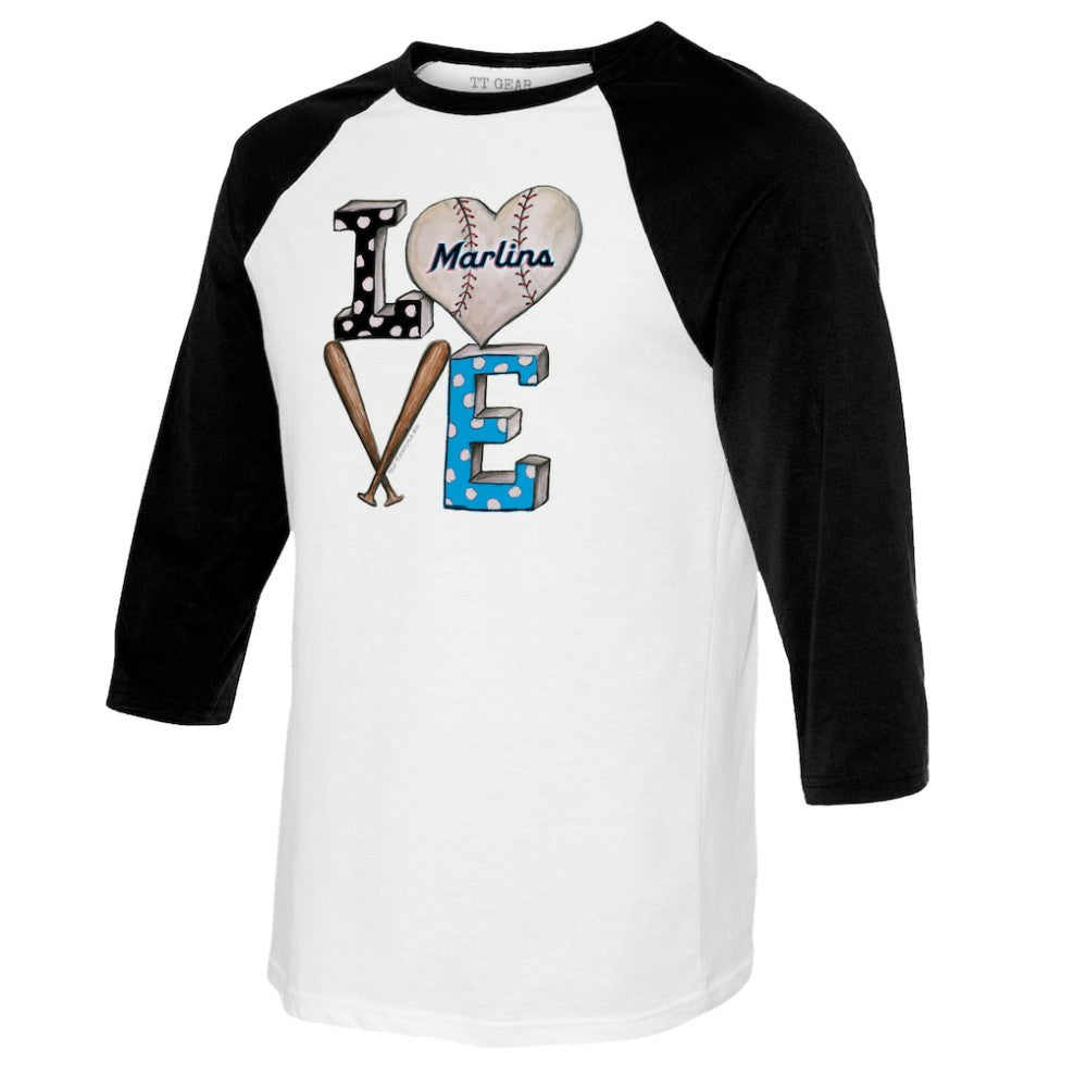 Miami Marlins Tiny Turnip Women's Baseball Love Raglan 3/4-Sleeve T-Shirt - White/Black T-shirts