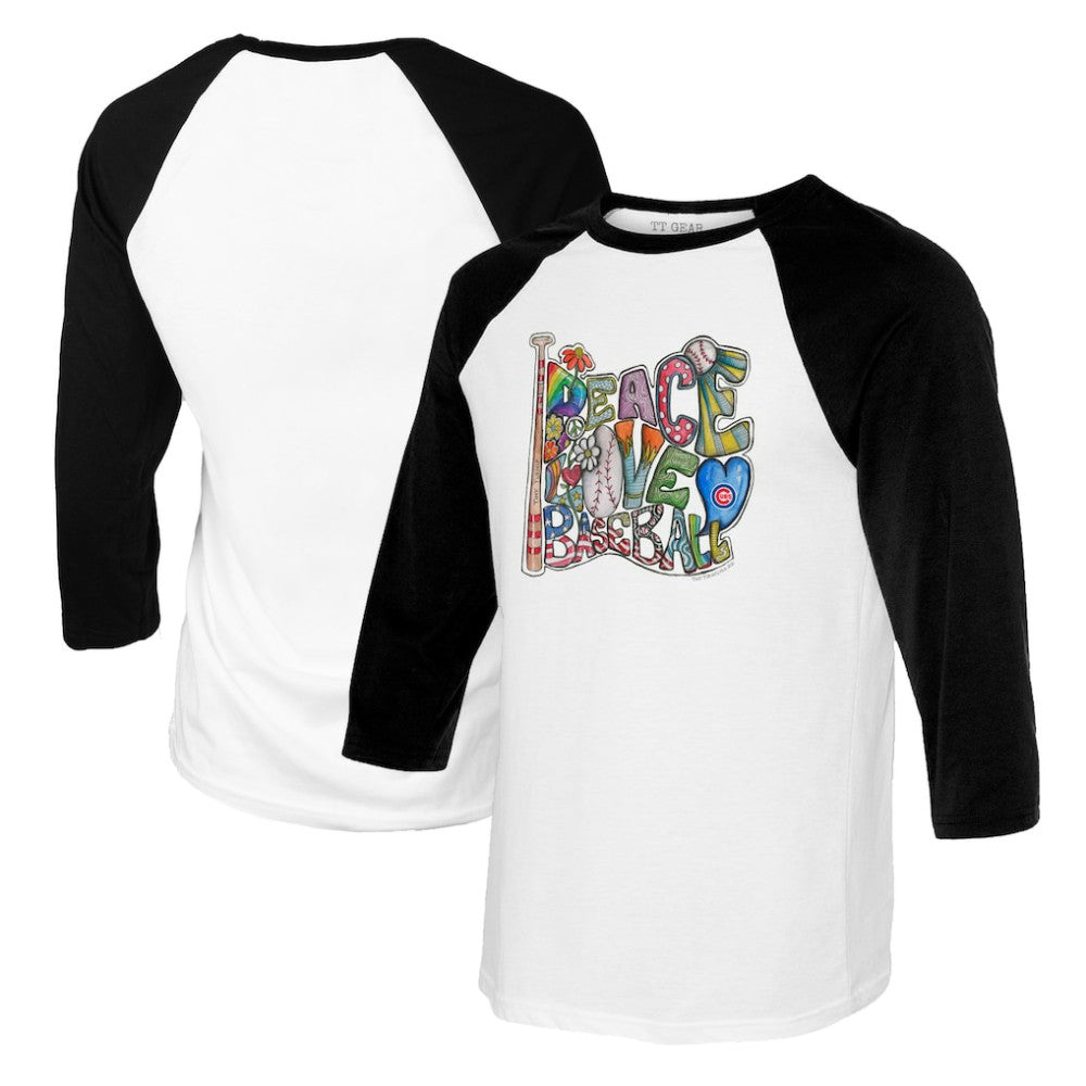 Chicago Cubs Tiny Turnip Women's Peace Love Baseball 3/4-Sleeve Raglan T-Shirt - White/Black T-shirts