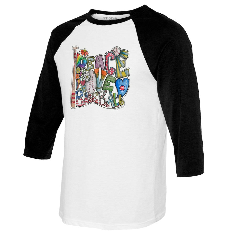 Chicago Cubs Tiny Turnip Women's Peace Love Baseball 3/4-Sleeve Raglan T-Shirt - White/Black T-shirts