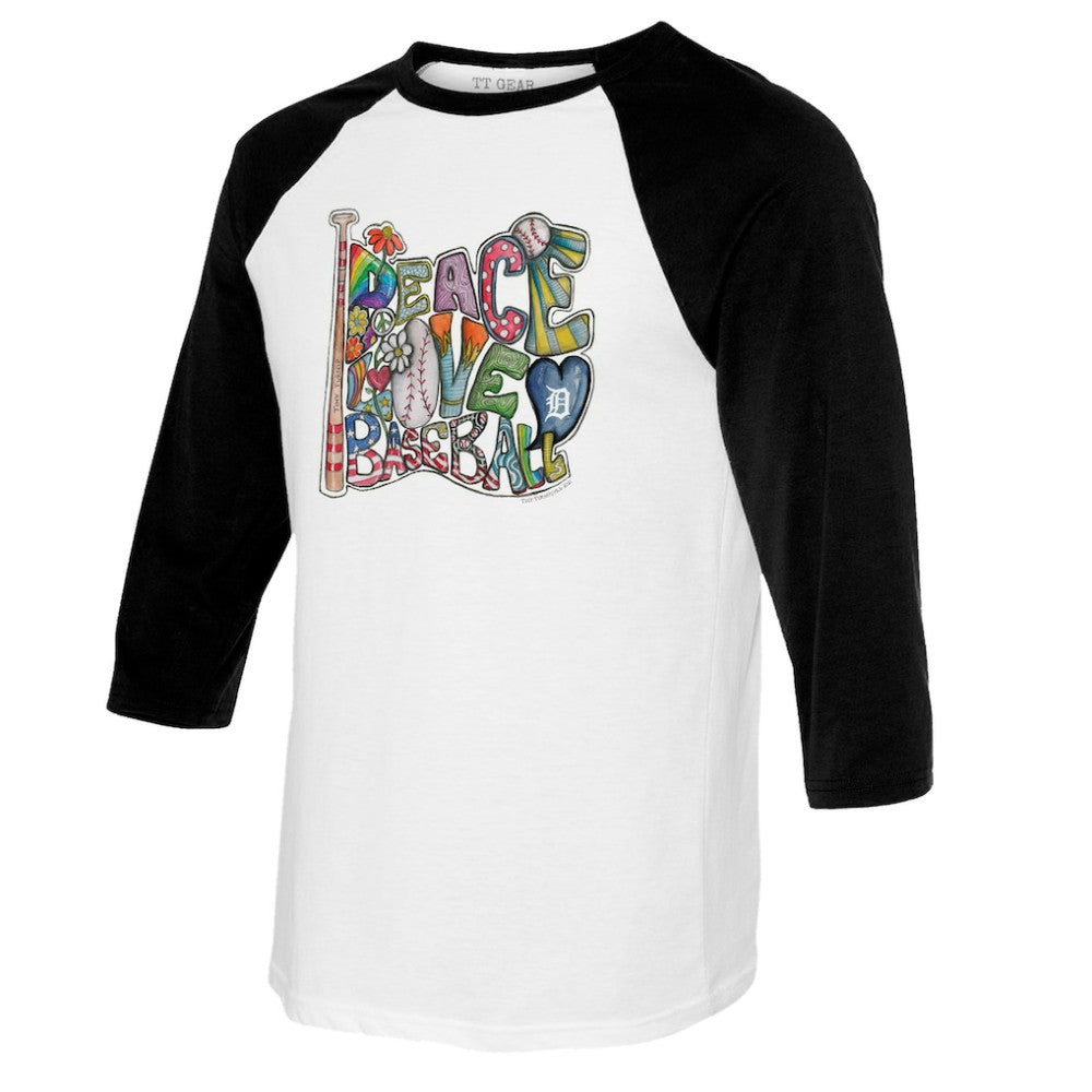 Detroit Tigers Tiny Turnip Women's Peace Love Baseball 3/4-Sleeve Raglan T-Shirt - White/Black T-shirts