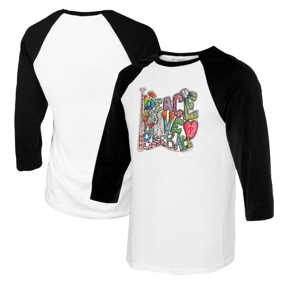 Philadelphia Phillies Tiny Turnip Women's Peace Love Baseball 3/4-Sleeve Raglan T-Shirt - White/Black T-shirts