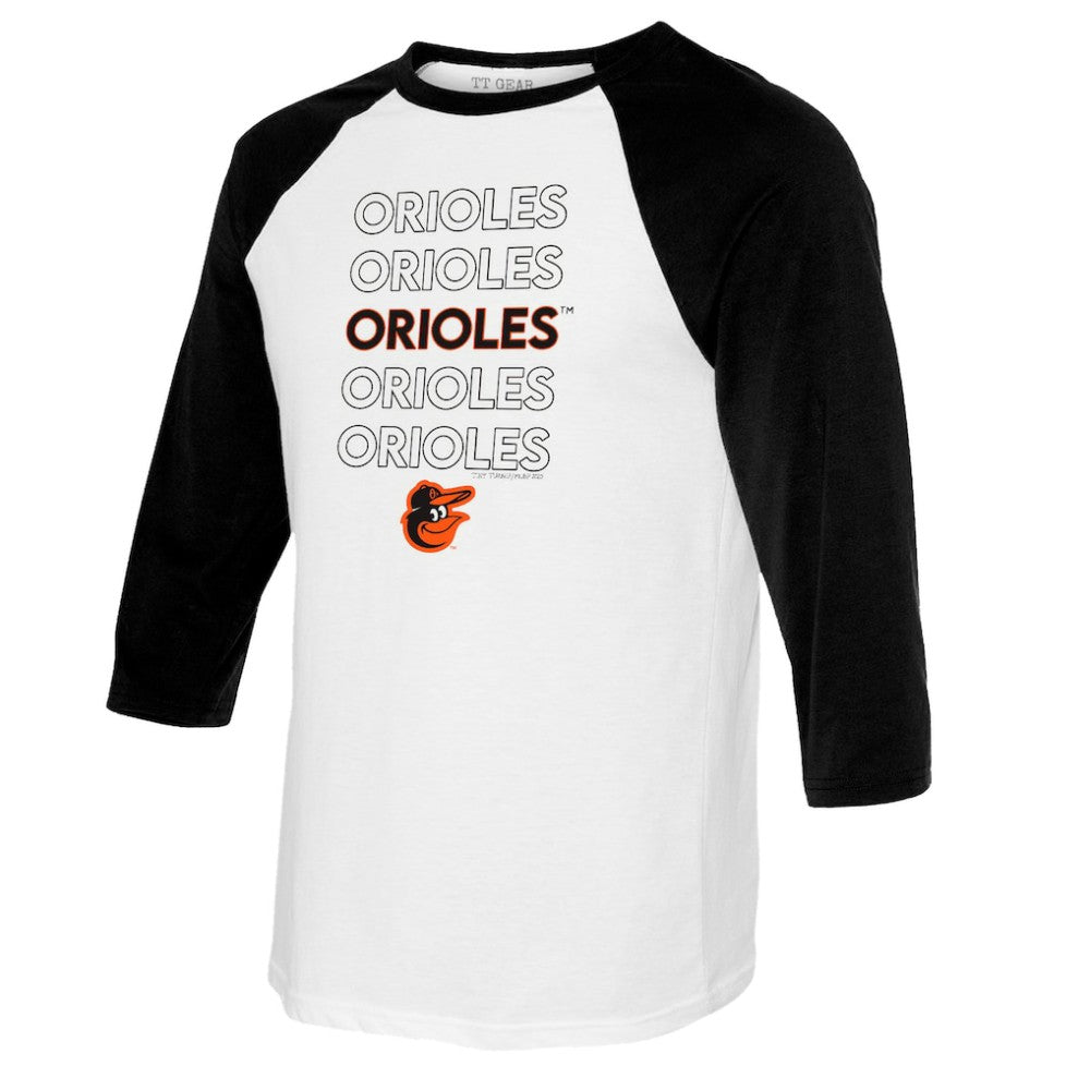 Baltimore Orioles Tiny Turnip Women's Stacked 3/4-Sleeve Raglan T-Shirt - White/Black T-shirts