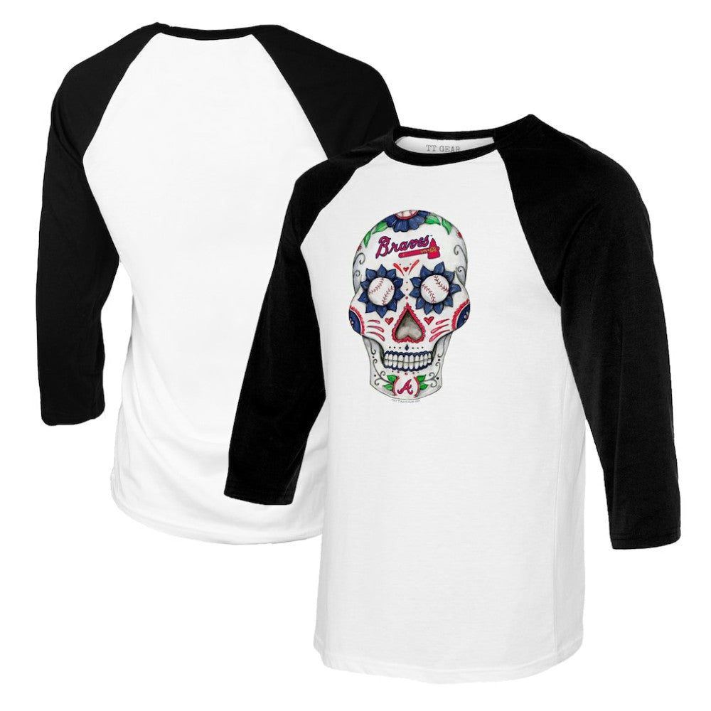 Atlanta Braves Tiny Turnip Women's Sugar Skull 3/4-Sleeve Raglan T-Shirt - White/Black T-shirts