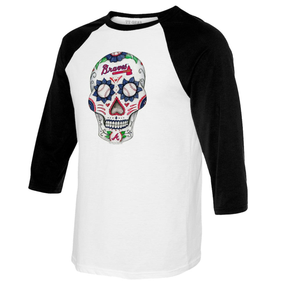 Atlanta Braves Tiny Turnip Women's Sugar Skull 3/4-Sleeve Raglan T-Shirt - White/Black T-shirts