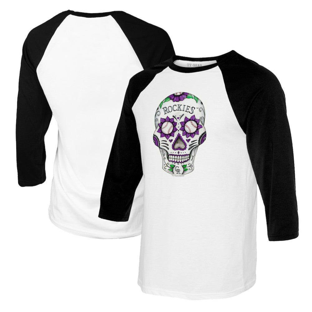 Colorado Rockies Tiny Turnip Women's Sugar Skull 3/4-Sleeve Raglan T-Shirt - White/Black T-shirts