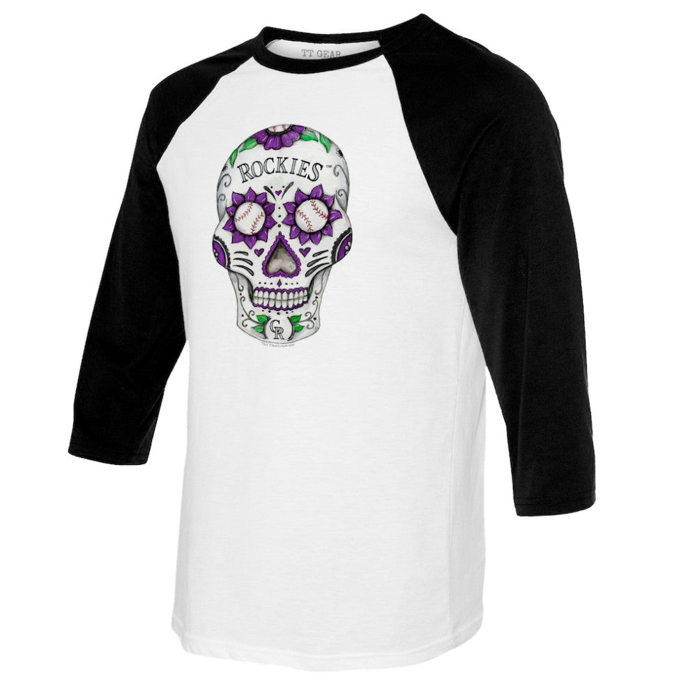 Colorado Rockies Tiny Turnip Women's Sugar Skull 3/4-Sleeve Raglan T-Shirt - White/Black T-shirts