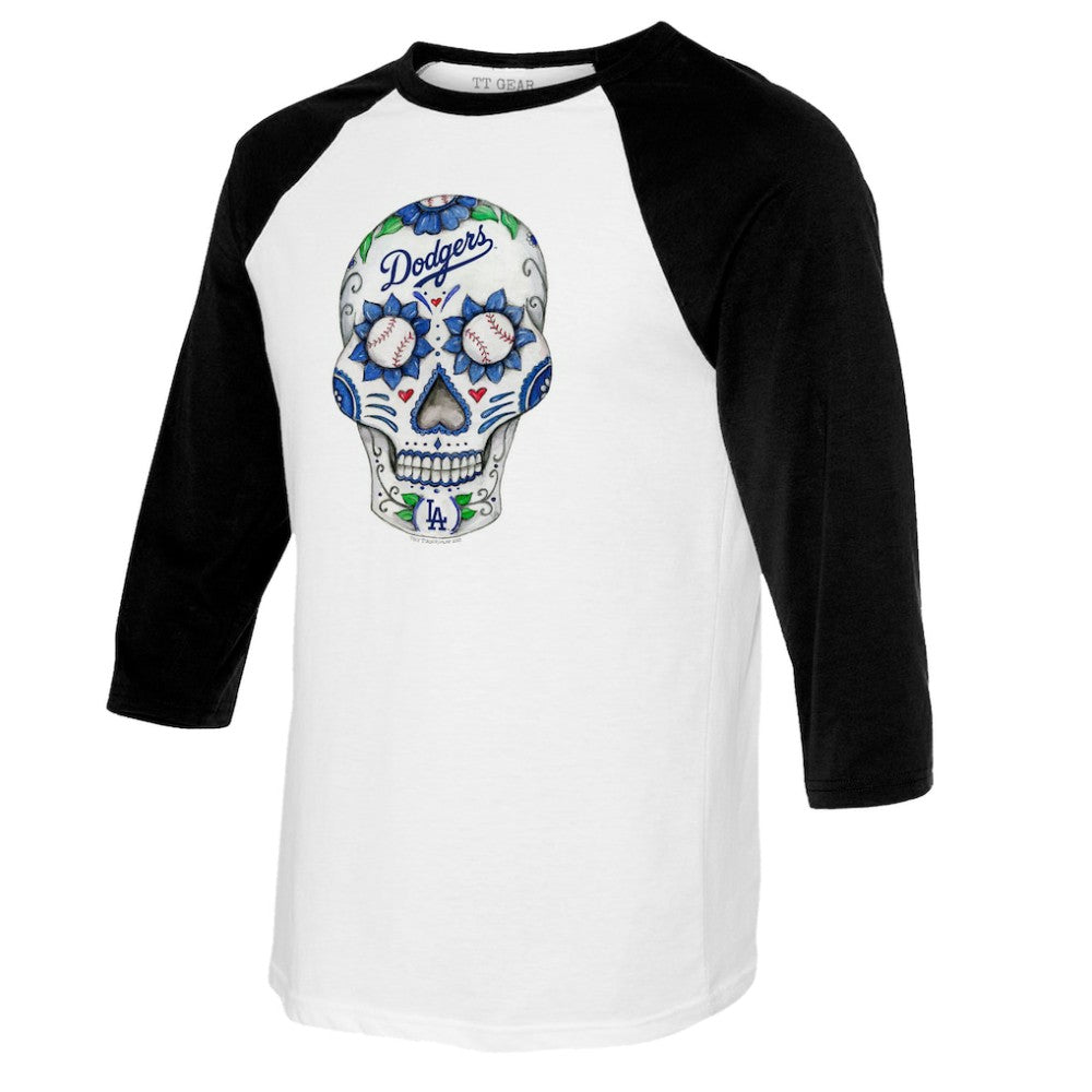 Los Angeles Dodgers Tiny Turnip Women's Sugar Skull 3/4-Sleeve Raglan T-Shirt - White/Black T-shirts