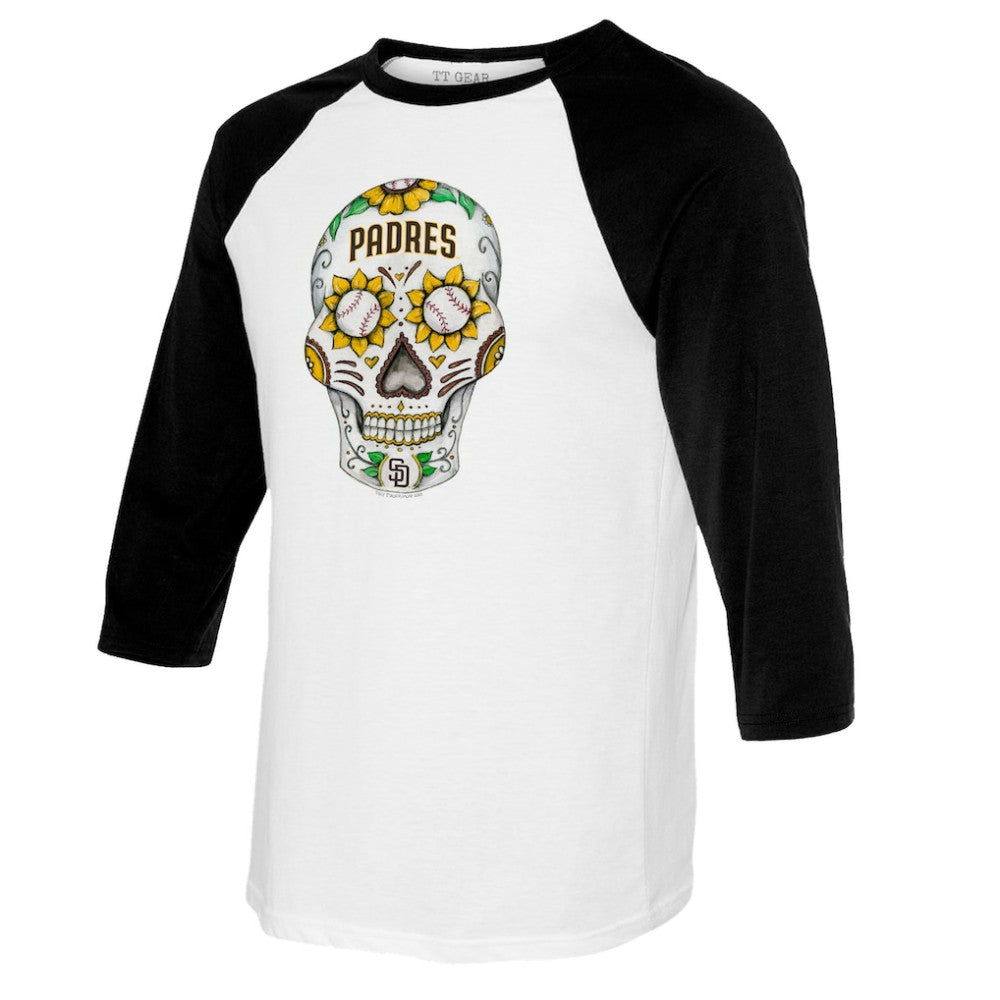 San Diego Padres Tiny Turnip Women's Sugar Skull 3/4-Sleeve Raglan T-Shirt - White/Black T-shirts