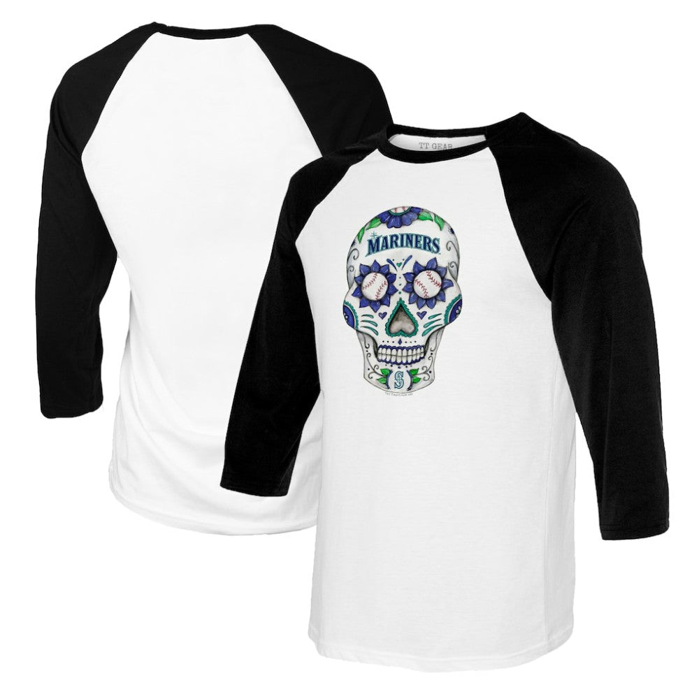 Seattle Mariners Tiny Turnip Women's Sugar Skull 3/4-Sleeve Raglan T-Shirt - White/Black T-shirts
