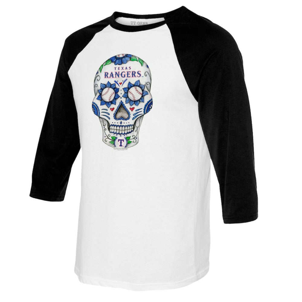 Texas Rangers Tiny Turnip Women's Sugar Skull 3/4-Sleeve Raglan T-Shirt - White/Black T-shirts