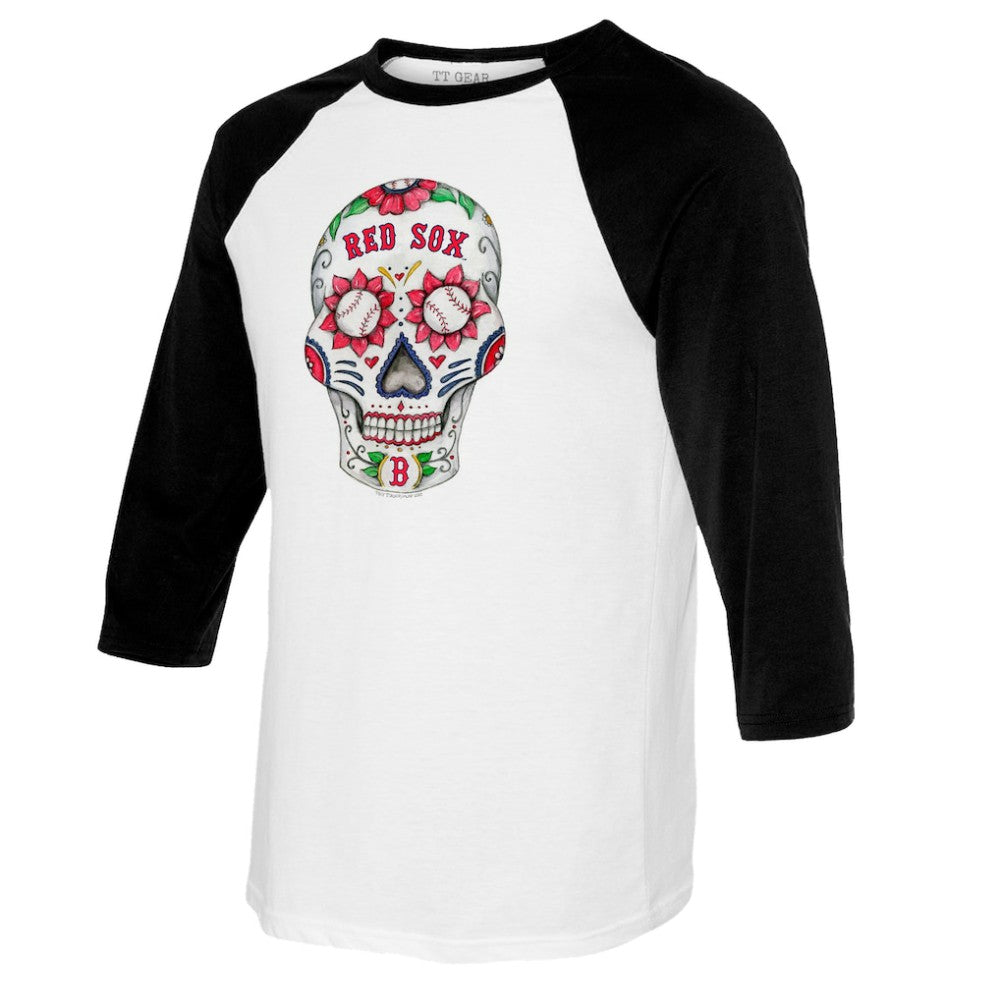 Boston Red Sox Tiny Turnip Youth Sugar Skull Raglan 3/4 Sleeve T-Shirt - White/Black T-shirts