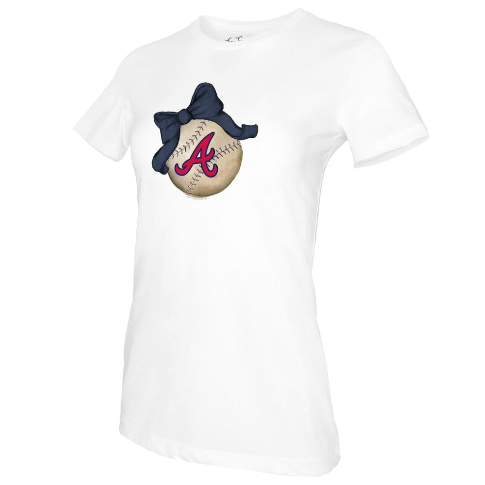 Atlanta Braves Tiny Turnip Women's Baseball Bow T-Shirt - White T-shirts