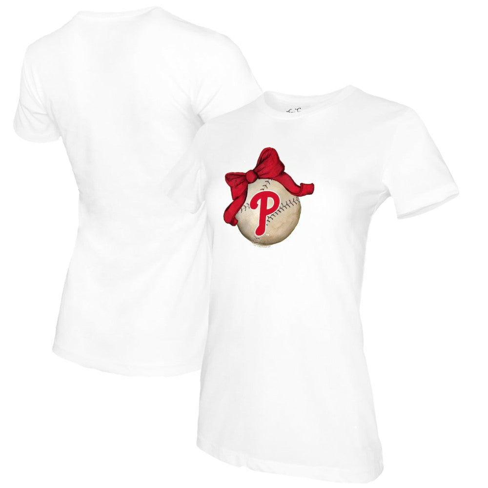 Philadelphia Phillies Tiny Turnip Women's Baseball Bow T-Shirt - White T-shirts