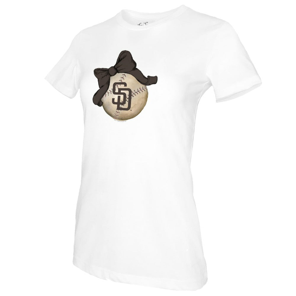 San Diego Padres Tiny Turnip Women's Baseball Bow T-Shirt - White T-shirts