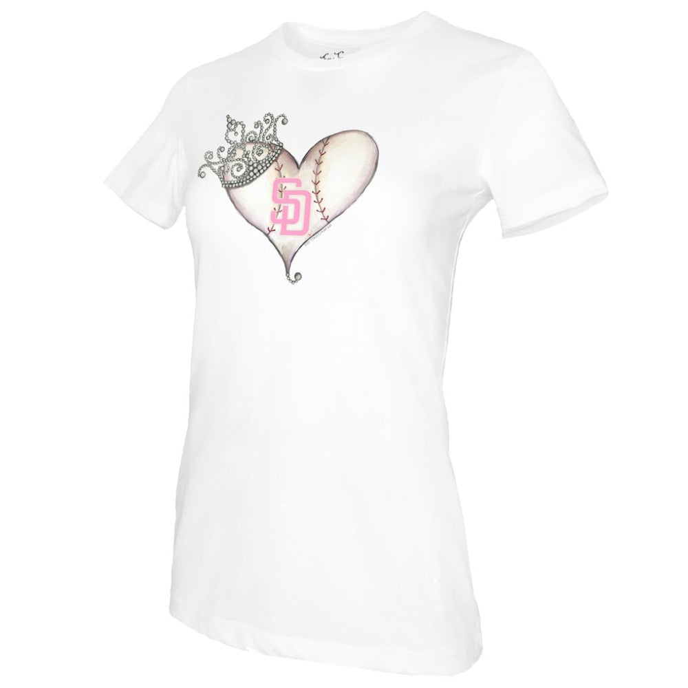 San Diego Padres Tiny Turnip Women's Baseball Tiara Heart T-Shirt - White T-shirts