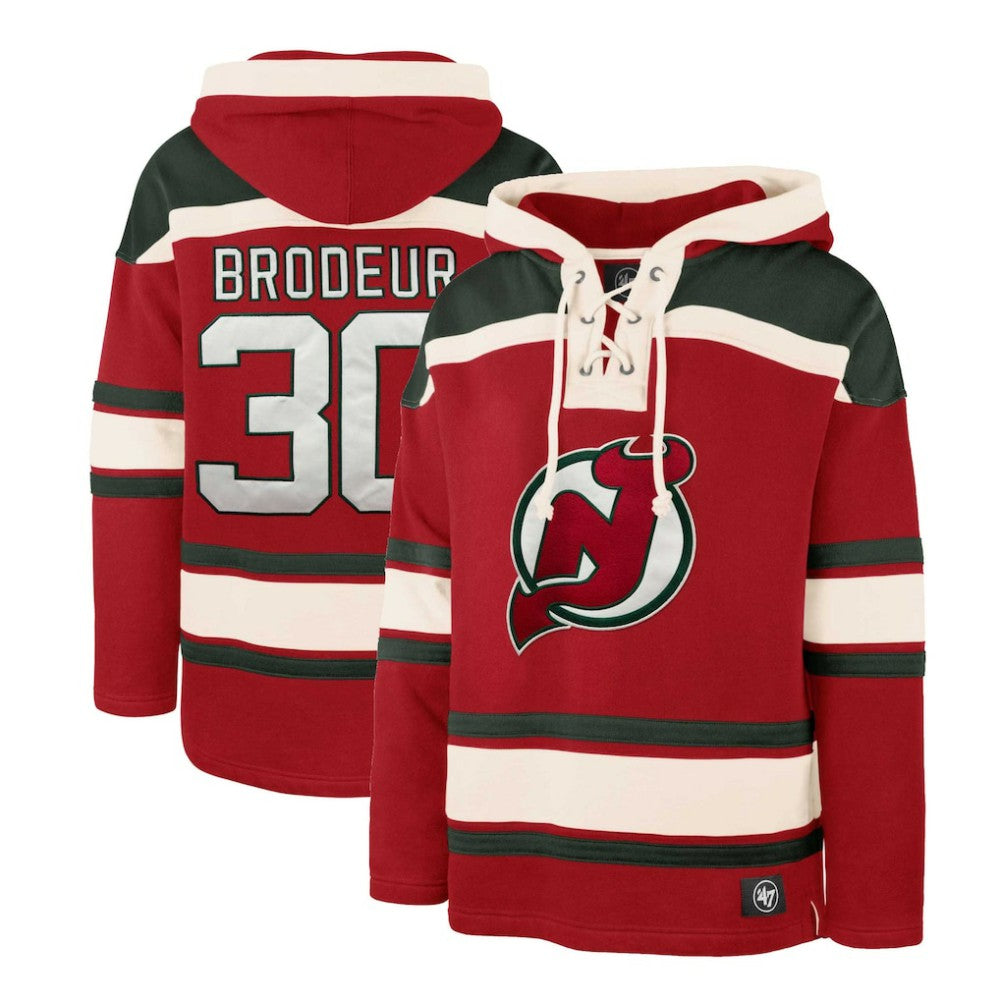 Martin Brodeur New Jersey Devils '47 Retired Player Name & Number Lacer Pullover Hoodie - Red | US 4759554