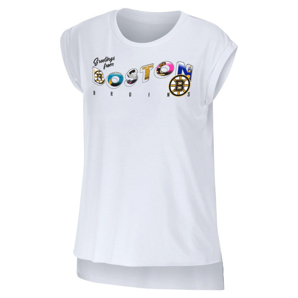 Boston Bruins WEAR by Erin Andrews Women's Greetings From Muscle T-Shirt - White | US 4762621