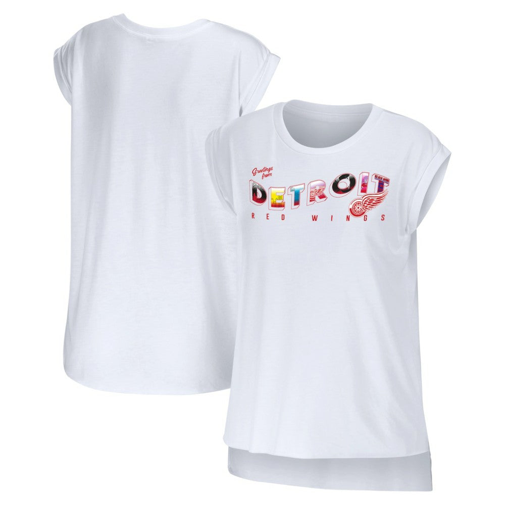Detroit Red Wings WEAR by Erin Andrews Women's Greetings From Muscle T-Shirt - White | US 4762624
