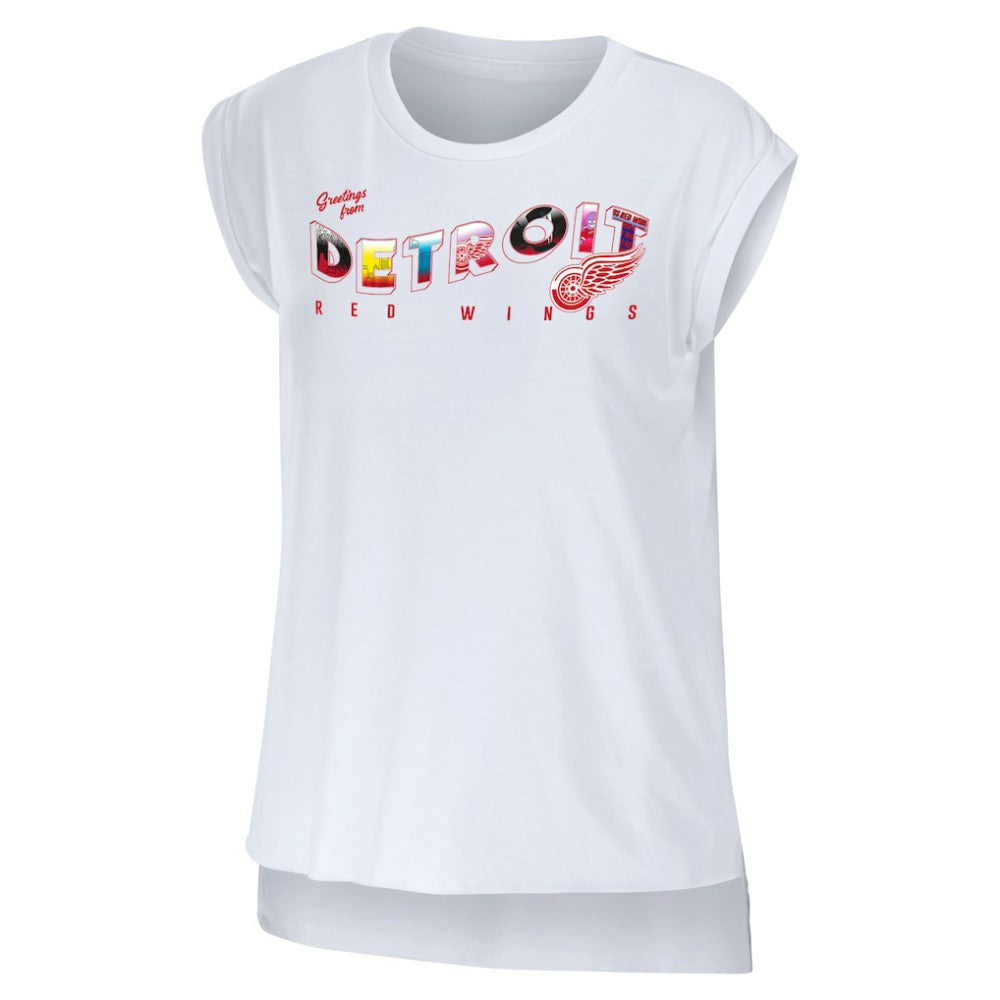 Detroit Red Wings WEAR by Erin Andrews Women's Greetings From Muscle T-Shirt - White | US 4762624
