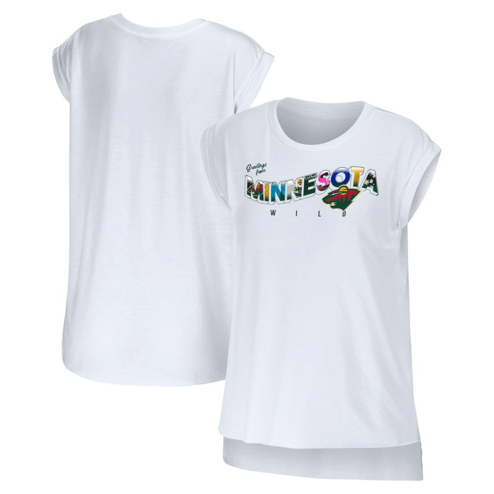 Minnesota Wild WEAR by Erin Andrews Women's Greetings From Muscle T-Shirt - White | US 4762628