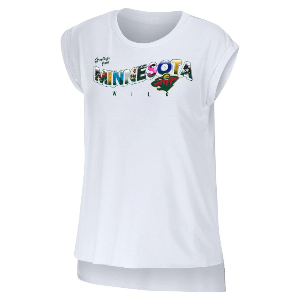 Minnesota Wild WEAR by Erin Andrews Women's Greetings From Muscle T-Shirt - White | US 4762628