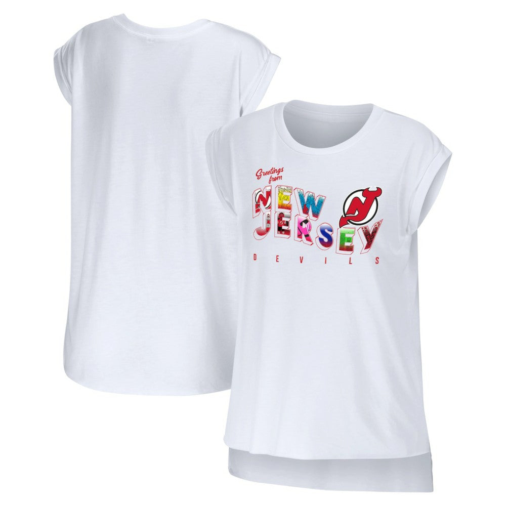 New Jersey Devils WEAR by Erin Andrews Women's Greetings From Muscle T-Shirt - White | US 4762630