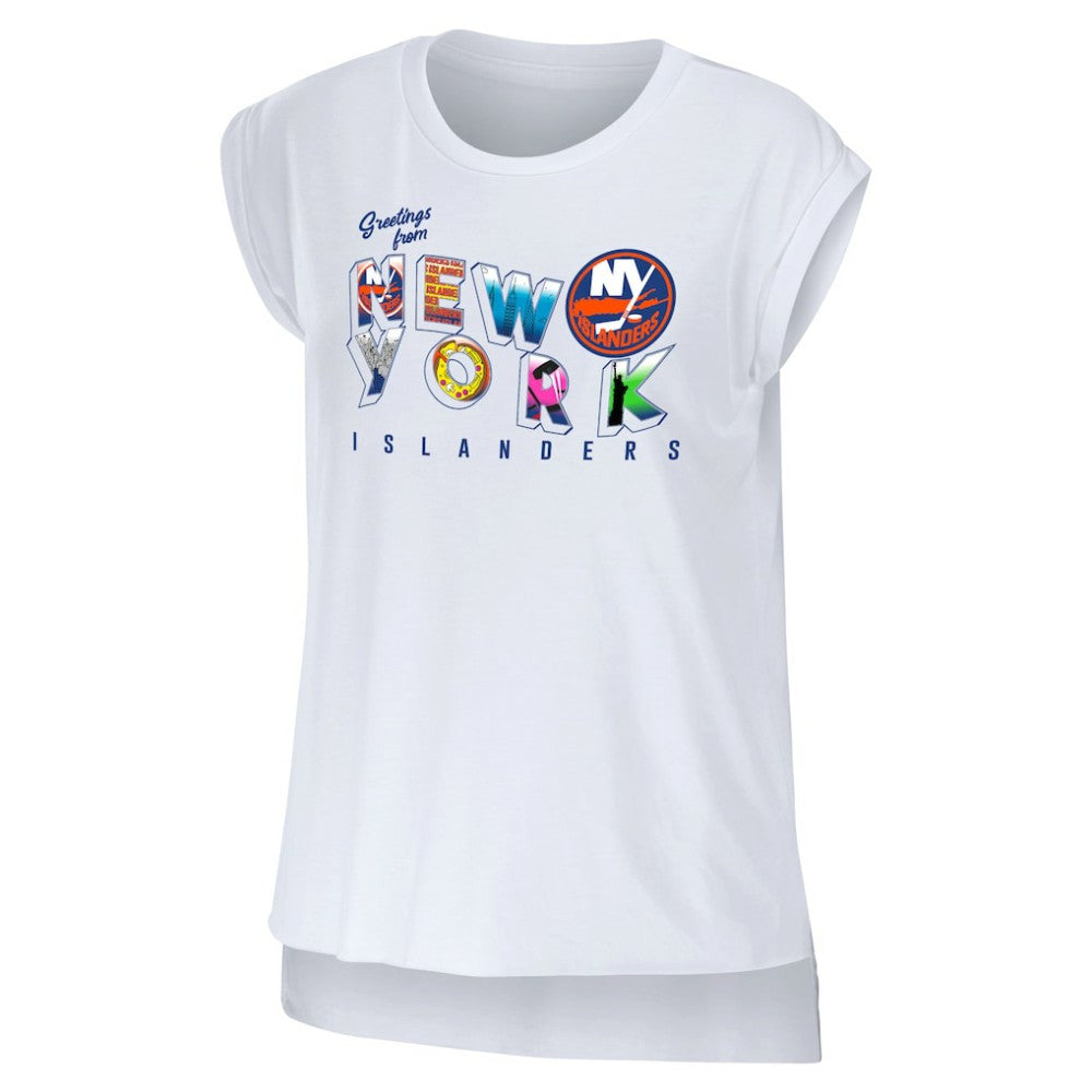 New York Islanders WEAR by Erin Andrews Women's Greetings From Muscle T-Shirt - White | US 4762632