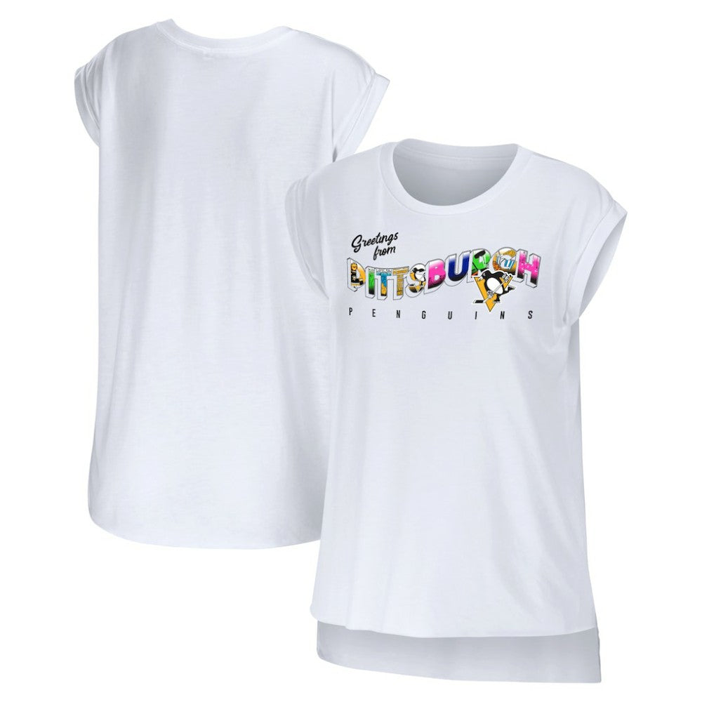 Pittsburgh Penguins WEAR by Erin Andrews Women's Greetings From Muscle T-Shirt - White | US 4762634