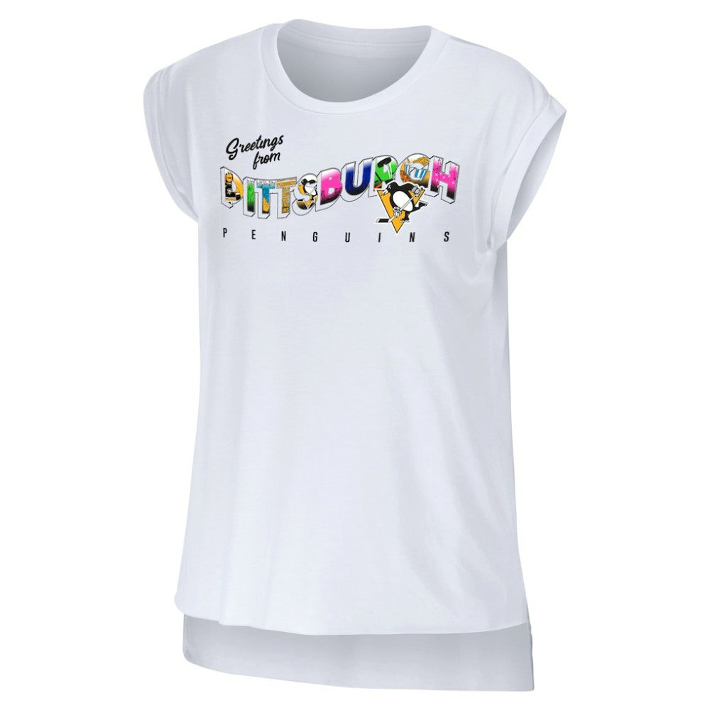 Pittsburgh Penguins WEAR by Erin Andrews Women's Greetings From Muscle T-Shirt - White | US 4762634