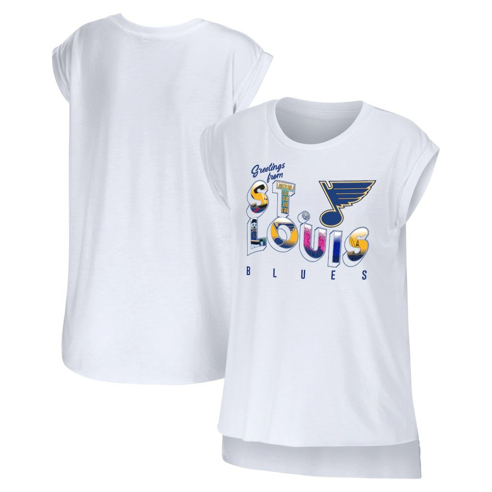 St. Louis Blues WEAR by Erin Andrews Women's Greetings From Muscle T-Shirt - White | US 4762636