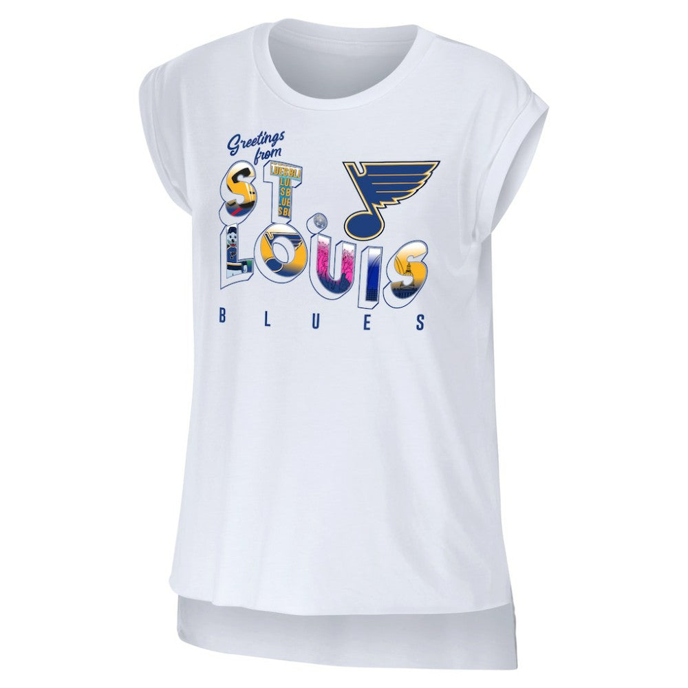 St. Louis Blues WEAR by Erin Andrews Women's Greetings From Muscle T-Shirt - White | US 4762636