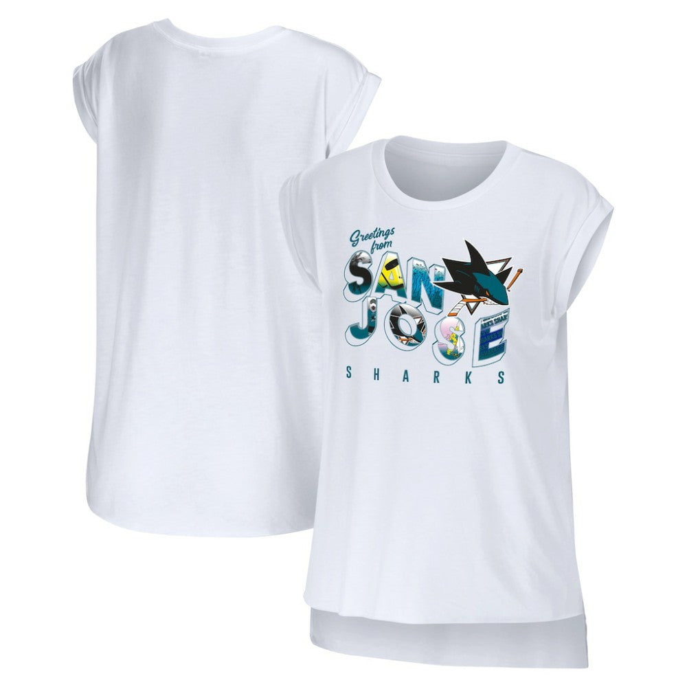 San Jose Sharks WEAR by Erin Andrews Women's Greetings From Muscle T-Shirt - White | US 4762637