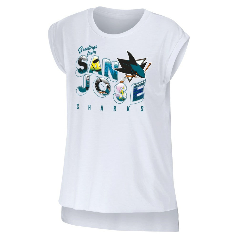 San Jose Sharks WEAR by Erin Andrews Women's Greetings From Muscle T-Shirt - White | US 4762637