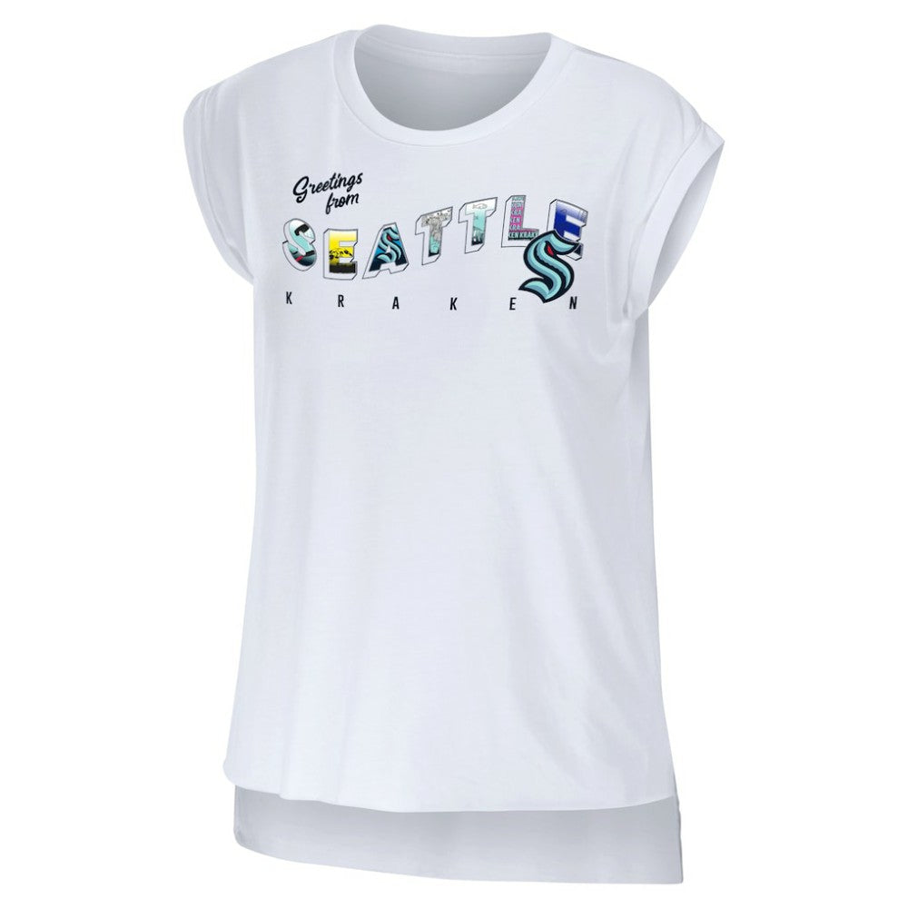 Seattle Kraken WEAR by Erin Andrews Women's Greetings From Muscle T-Shirt - White | US 4762638