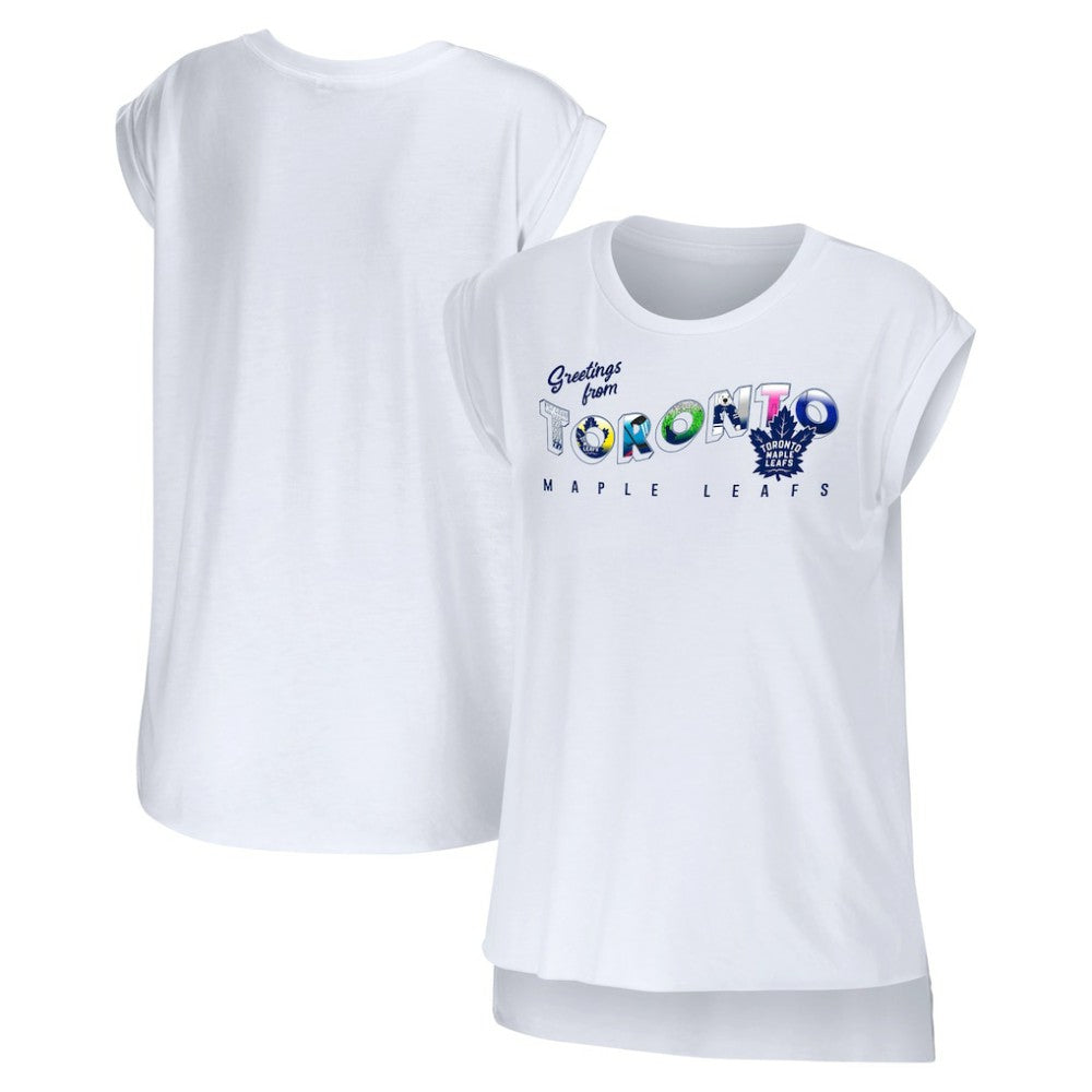 Toronto Maple Leafs WEAR by Erin Andrews Women's Greetings From Muscle T-Shirt - White | US 4762640