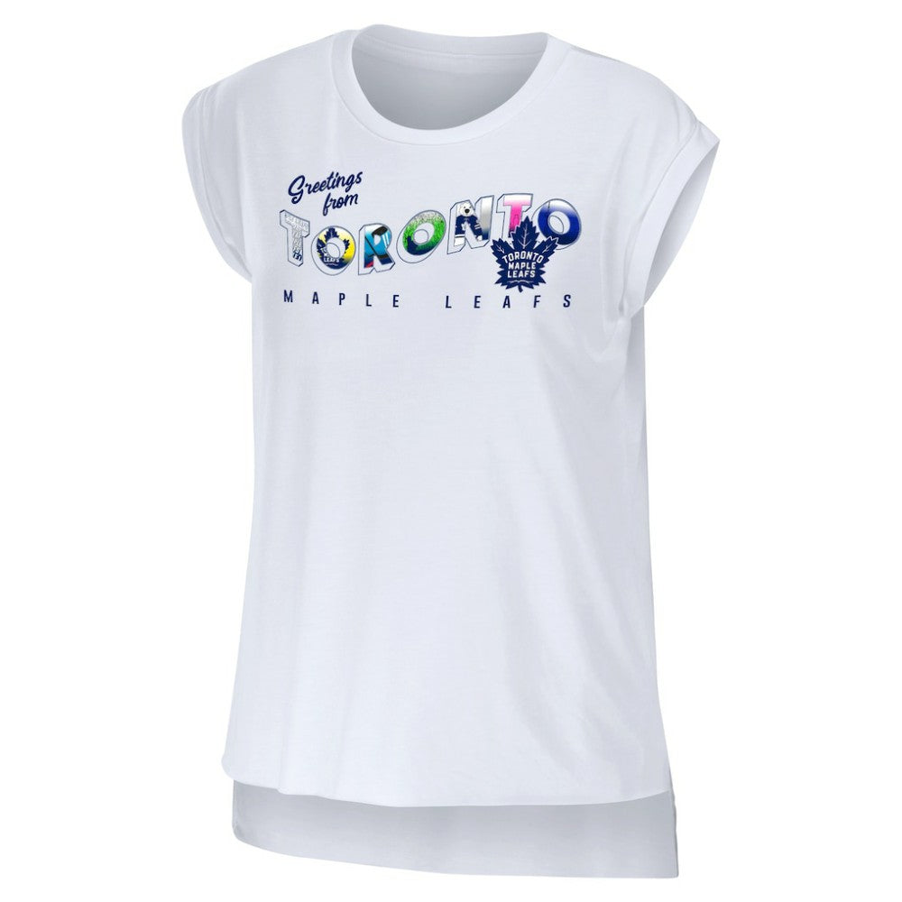 Toronto Maple Leafs WEAR by Erin Andrews Women's Greetings From Muscle T-Shirt - White | US 4762640
