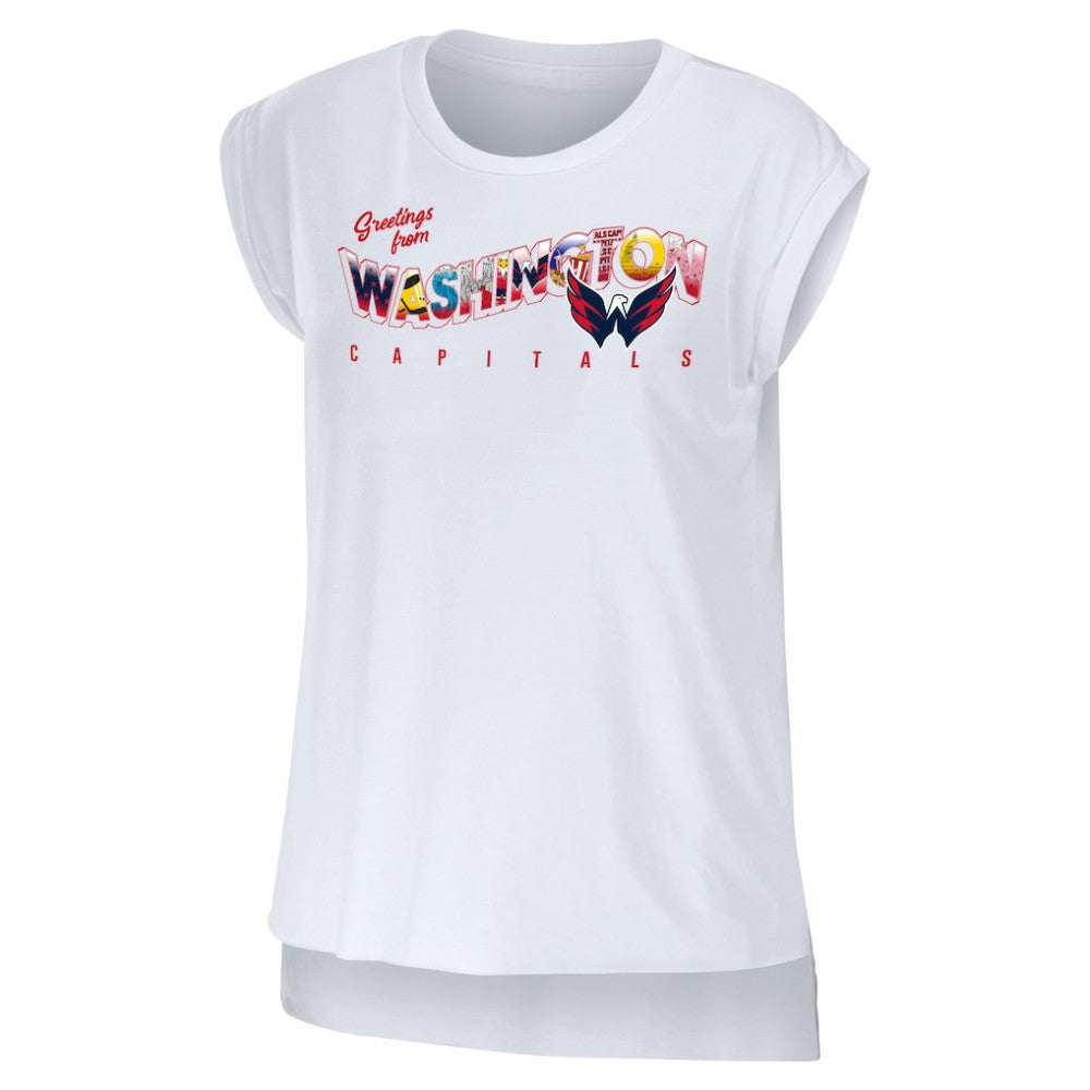 Washington Capitals WEAR by Erin Andrews Women's Greetings From Muscle T-Shirt - White | US 4762642