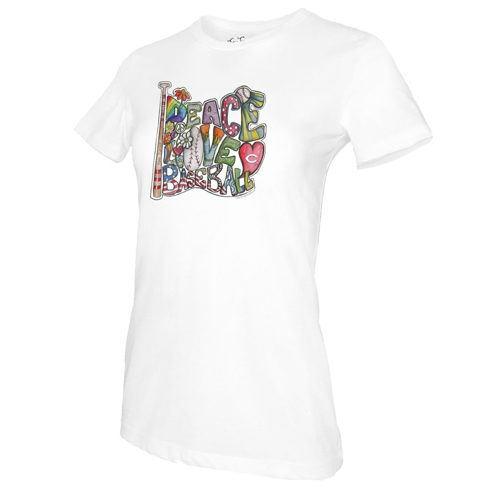 Cincinnati Reds Tiny Turnip Women's Peace Love Baseball T-Shirt - White T-shirts