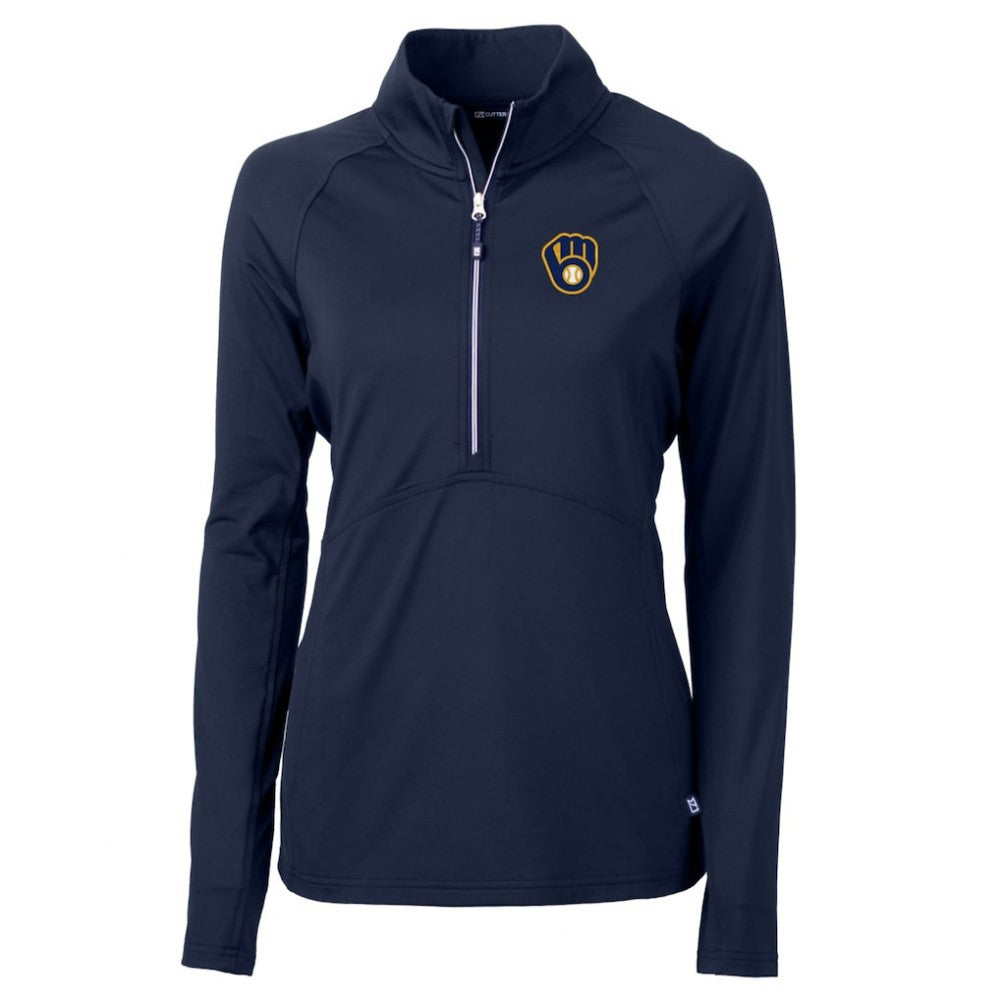 Milwaukee Brewers Cutter & Buck Women's Adapt Eco Knit Stretch Half-Zip Pullover Top - Navy Pullover