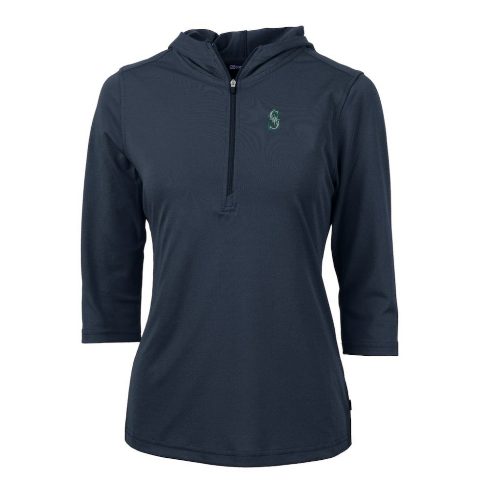 Seattle Mariners Cutter & Buck Women's Virtue Eco Pique 3/4 Sleeve Half-Zip Pullover Hoodie - Navy Hoodies