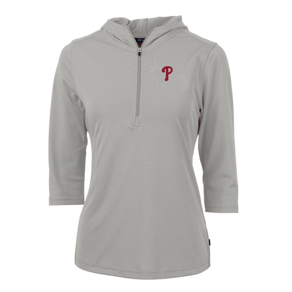 Philadelphia Phillies Cutter & Buck Women's Virtue Eco Pique 3/4 Sleeve Half-Zip Pullover Hoodie - Gray Hoodies