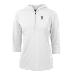 Seattle Mariners Cutter & Buck Women's Virtue Eco Pique 3/4 Sleeve Half-Zip Pullover Hoodie - White Hoodies