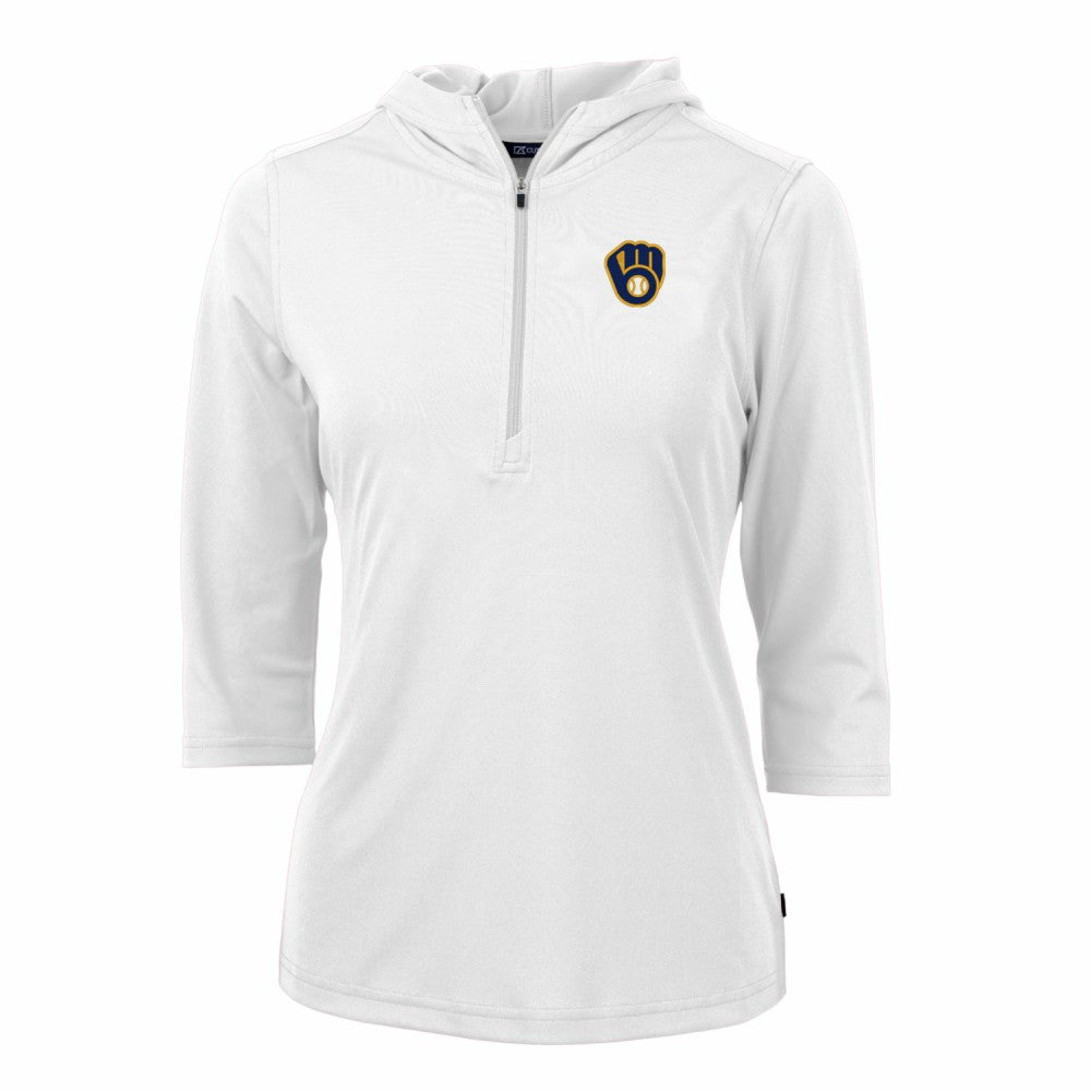 Milwaukee Brewers Cutter & Buck Women's Virtue Eco Pique 3/4 Sleeve Half-Zip Pullover Hoodie - White Hoodies