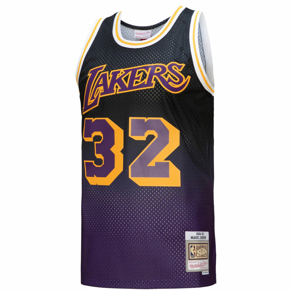 Magic Johnson Los Angeles Lakers 1984/85 Hardwood Classics Fadeaway Swingman Player Jersey Purple/Black - Mitchell & Ness