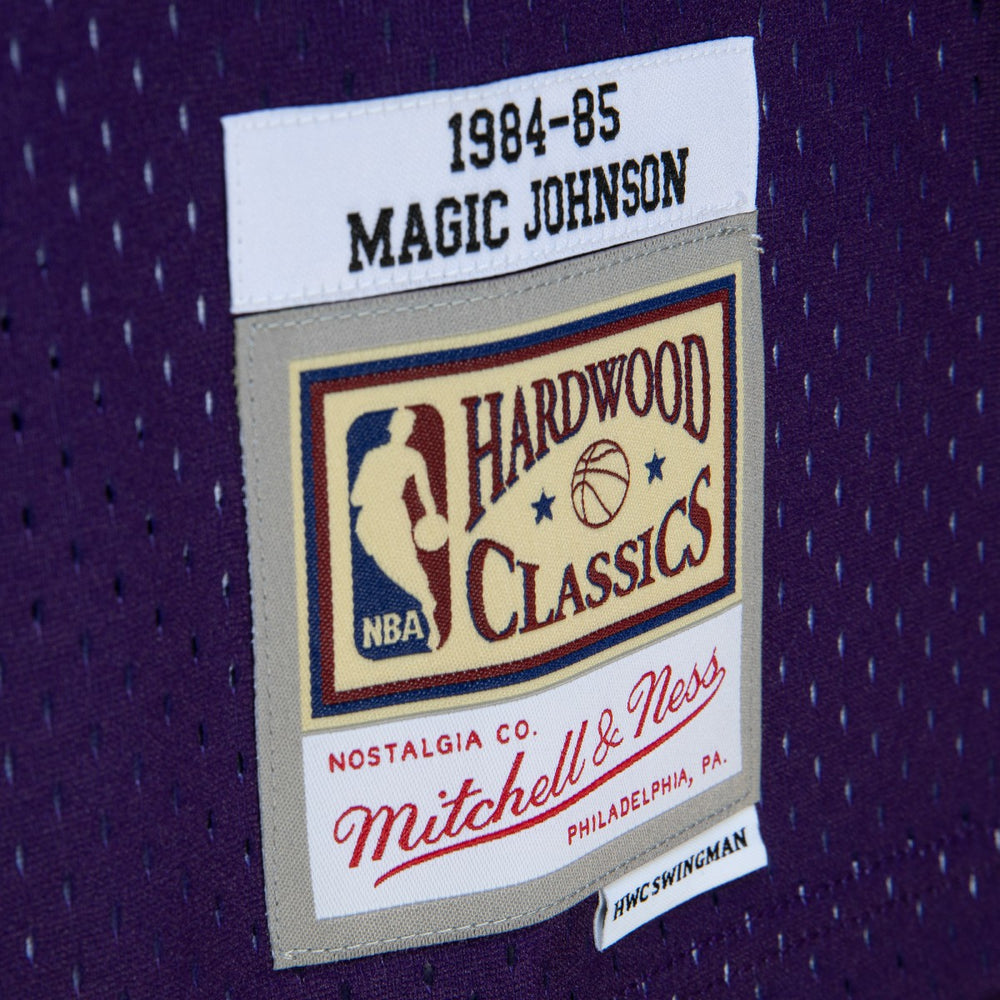 Magic Johnson Los Angeles Lakers 1984/85 Hardwood Classics Fadeaway Swingman Player Jersey Purple/Black - Mitchell & Ness