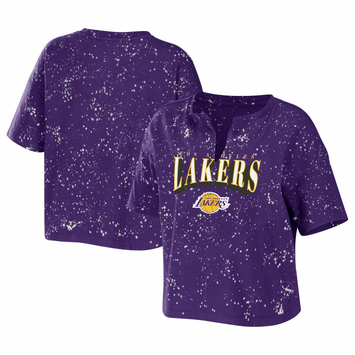 Los Angeles Lakers WEAR by Erin Andrews Women's Bleach Splatter Notch Neck T-Shirt Purple outlet